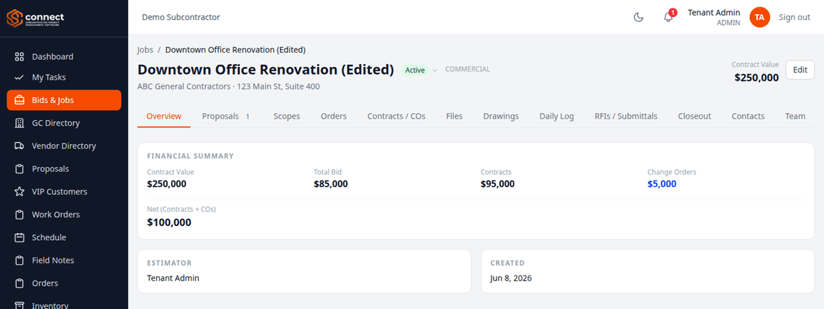 SC Connect job overview screen showing financial summary and job tabs